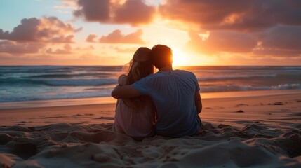 Young couple standing on a rocky cliff by the sea, gazing into each other eyes with a backdrop of crashing waves and a colorful sunset