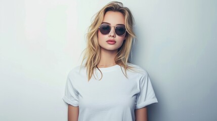 Naklejka premium Young blonde woman, radiating confidence in a plain t shirt and trendy sunglasses