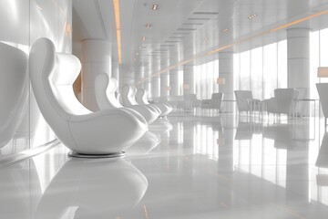 Futuristic white seats in a bright spacious hall