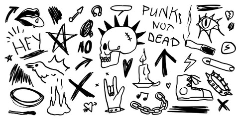 Rock n roll, punk music doodle scribble sticker set. Graffiti, tattoo hand drawn sticker, skull, heart, gesture hand. Grunge rock vector illustration in charcoal, chalk or black marker style.