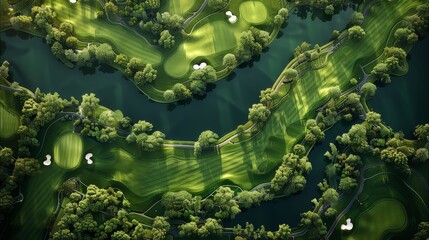 A bird's eye view image of a golf course layout. The golf course feature lush green fairways, and strategically placed sand bunkers and water hazards. Include a variety of holes. Generative AI.