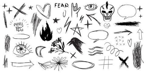 Rock n roll, punk music doodle scribble sticker set. Graffiti, tattoo hand drawn sticker, skull, heart, gesture hand. Grunge rock vector illustration in charcoal, chalk or black marker style. © KPstudio