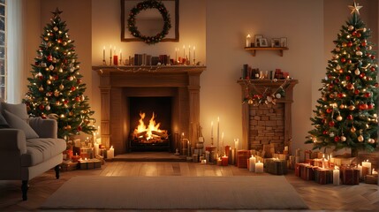 christmas tree in front of fireplace