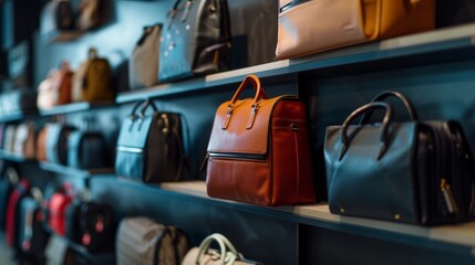 Fototapeta premium Women bags store, focusing on a collection of trendy purses and backpacks on sleek minimalist displays