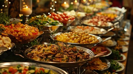 Buffet, a variety of food products.