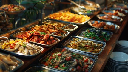Buffet, a variety of food products.