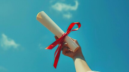 Closeup of a hand raising a diploma wrapped with a red ribbon