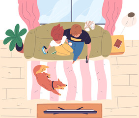 Watch tv top view. Family couple enjoys cinema movies or soccer, man woman sitting couch eating snack, person sit sofa look television news home leisure classy vector illustration