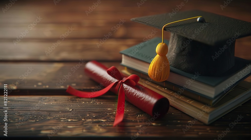 Wall mural Graduation cap with a yellow tassel resting on a stack of books - Wall murals