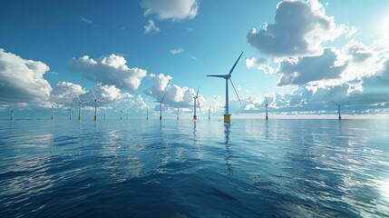 A large body of water with a number of wind turbines in the distance