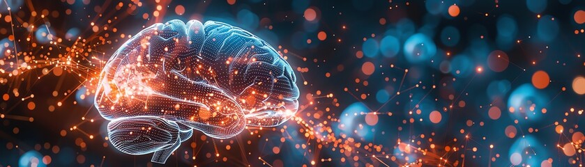 Electronic brain with quantum pathways, digital illustration, hightech, glowing