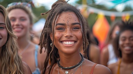 Fototapeta premium Friends with diverse skin conditions and tones at a festival