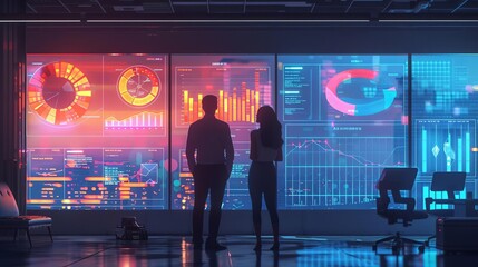 A pair of executives discussing quarterly performance with holographic pie charts and bar graphs floating around them