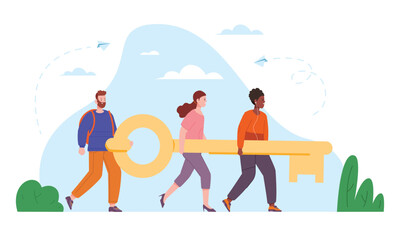 Teamwork holding key. People work team carry keys to success, employees workers effective collaborate company motivation unlock knowledge solution lock concept vector illustration