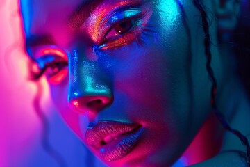 Futuristic Beauty Trends: Model with Fluorescent Makeup in Neon Light Setting - Ideal for Fashion Editorials and Creative Designs