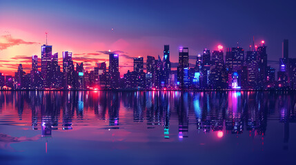 Obraz premium City skyline at dusk, glowing lights, reflection on river, highresolution, detailed textures, digital illustration, vibrant colors, serene urban landscape