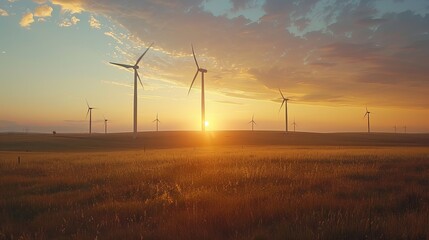 Fototapeta premium A field of wind turbines with the sun setting in the background