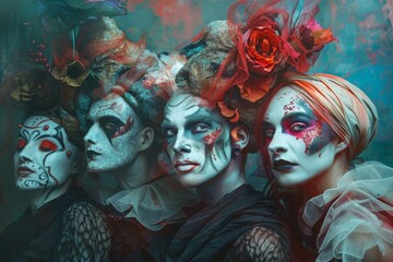 Surreal Theater Troupe in Unique Exaggerated Makeup on Dreamlike Abstract Stage for Artistic Design