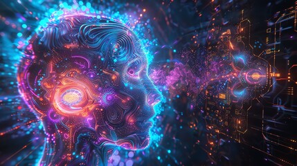 Quantum circuits and cybernetic brain, futuristic, neon, intricate