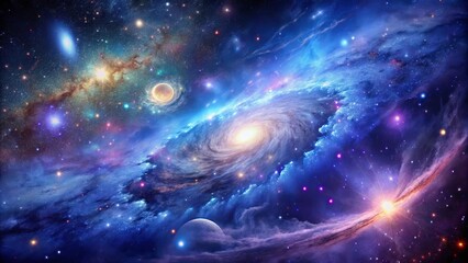 Background with a cosmic theme, featuring stars, galaxies, and nebulae in deep blues and purples.