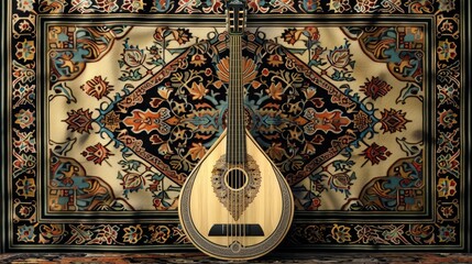 A small, intricately carved wooden instrument sits on a rug
