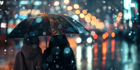A duo shares an umbrella amidst a vibrant backdrop of city lights and nighttime ambience, raindrops visible on the umbrella