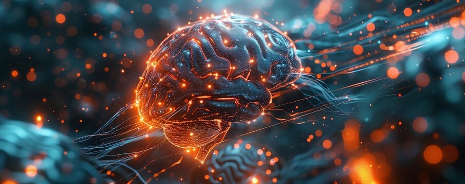Quantum computing system with electronic brain, scifi, glowing, detailed