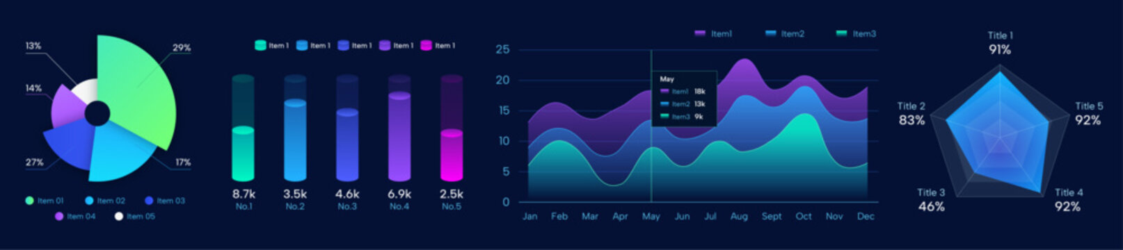 set of colorful dark cool pie chart, visual chart