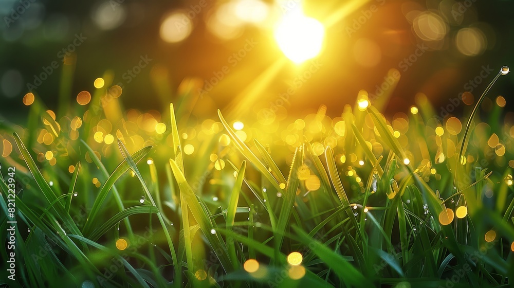 Poster A green grass blades at sunrise, with a golden sunlight bokeh effect in the background that creates a warm and inviting spring atmosphere. Generative AI.