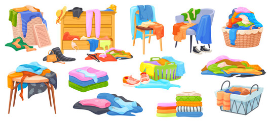 Piles messy clothes. Mess smell clothes heap on floor folded stack cloths for home laundry declutter, teenager messy apparel chair, dirty clothing basket neat vector illustration