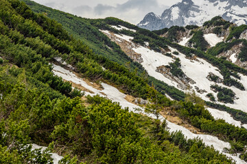 The view depicts a mountain towering over a valley, with lush greenery contrasting the rugged...