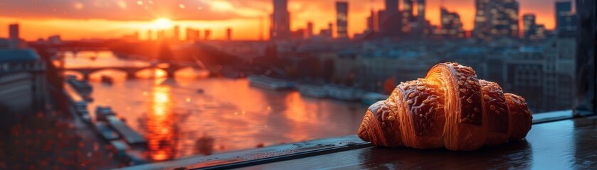 Delicious croissant with urban cityscape at sunset, river view from high-rise. Perfect blend of culinary and scenic elements.