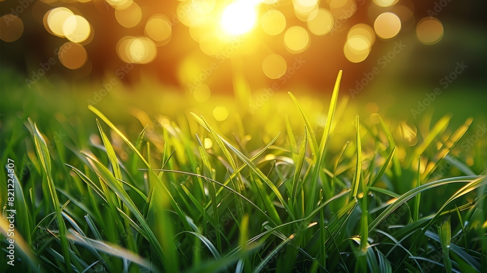 Poster A green grass blades at sunrise, with a golden sunlight bokeh effect in the background that creates a warm and inviting spring atmosphere. Generative AI.