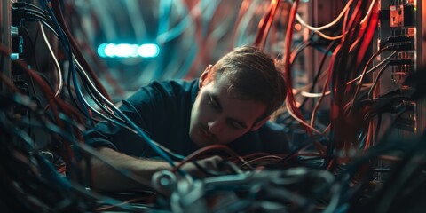 A technician is overwhelmed while troubleshooting amidst a sea of tangled cables and hardware