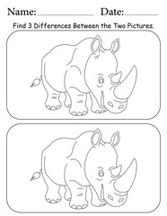 Rhino Puzzle. Printable Activity Page for Kids. Educational Resources for School for Kids. Kids Activity Worksheet. Find Differences Between 2 Shapes