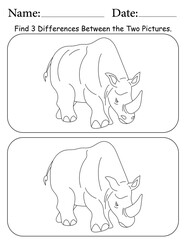 Rhino Puzzle. Printable Activity Page for Kids. Educational Resources for School for Kids. Kids Activity Worksheet. Find Differences Between 2 Shapes