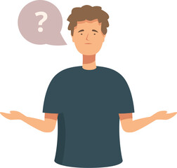 Illustration of a young man shrugging with a speech bubble containing a question mark, expressing confusion