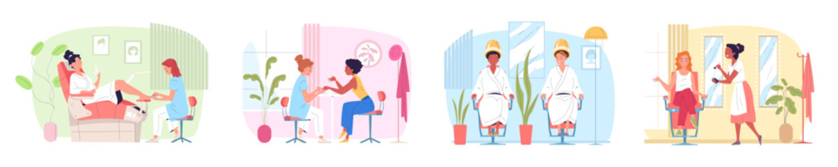 Beautician salon customers. Hairdresser beauty shop female service, woman nail manicure pedicure procedures, barbershop stylist cutting client haircut, classy vector illustration
