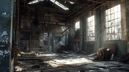 Interior of an abandoned factory. Generative AI
