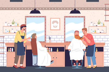 Barbershop customers. Barber working cut hair to man chair at mirror, men haircut beard grooming, male hairstylist cartoon character in hairdresser