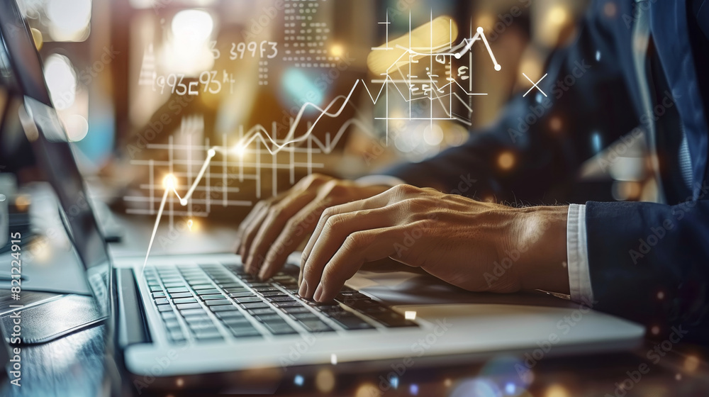 Poster analysis, growth, and development of business data. on a laptop, a businessman is working on a finan