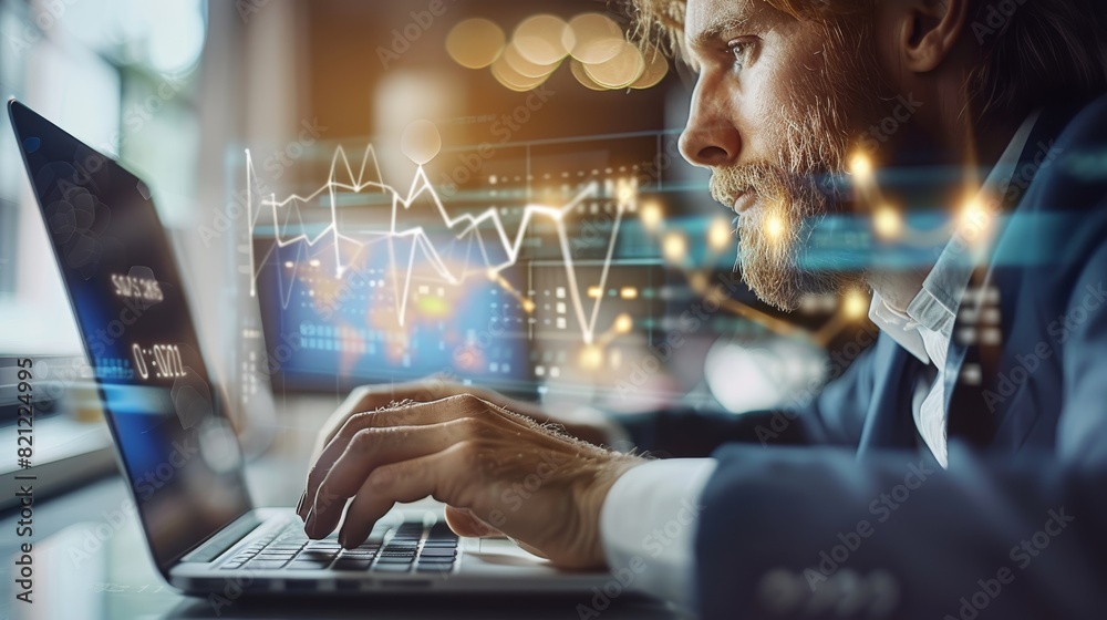 Poster analysis, growth, and development of business data. on a laptop, a businessman is working on a finan