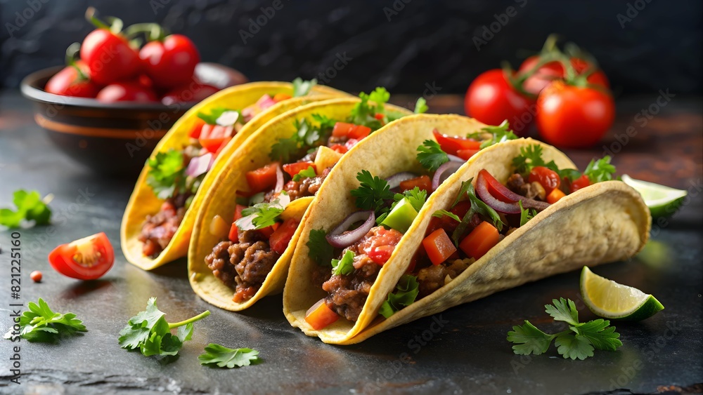 Wall mural Beef Tacos on a Black Modern Kitchen Background - Savory Mexican Dish Photography - Wall murals
