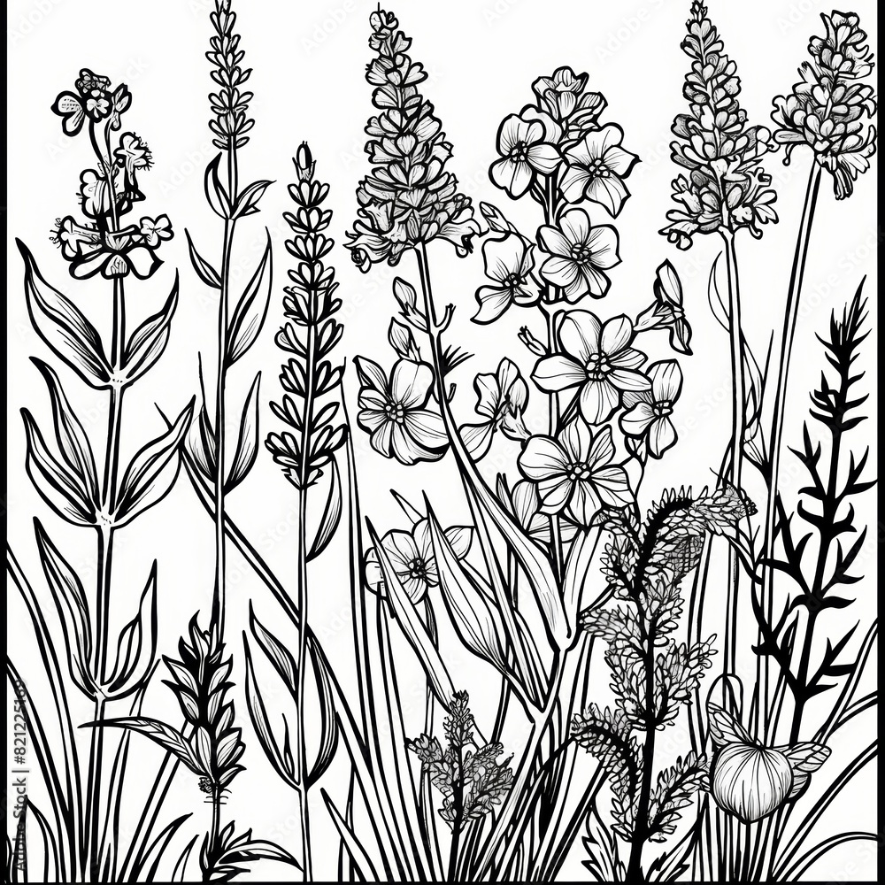 Poster black and white colouring book page for adults, thick outlines, lavender