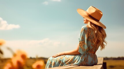 Beautiful caucasian girl sitting on the wooden bench at autumn meadow