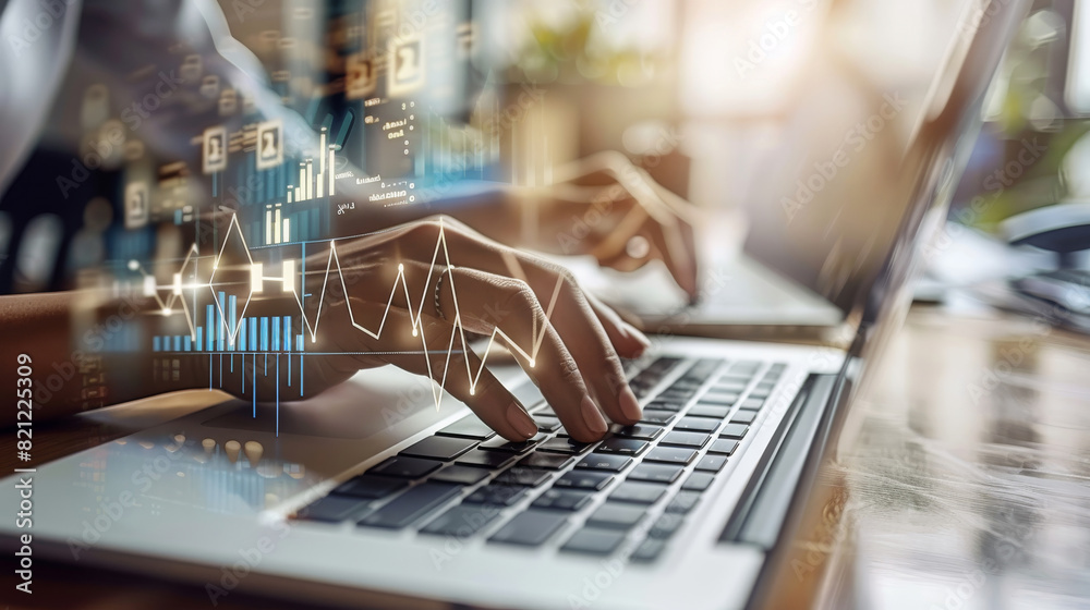Poster analysis, growth, and development of business data. on a laptop, a businessman is working on a finan
