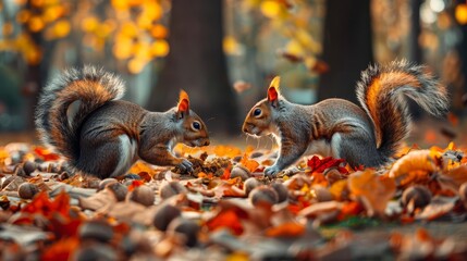 Two squirrels eating nuts in the fall leaves.