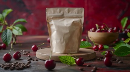 White pouch on a wooden pedestal with cherries and coffee beans, perfect for showcasing product branding