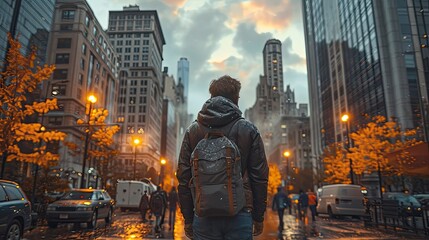 Man with burn scars walking confidently in a city