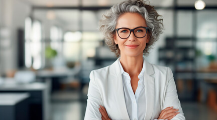 Happy middle aged business woman ceo standing in office arms crossed. Smiling mature confident professional executive manager, proud lawyer, businessman leader wearing white suit